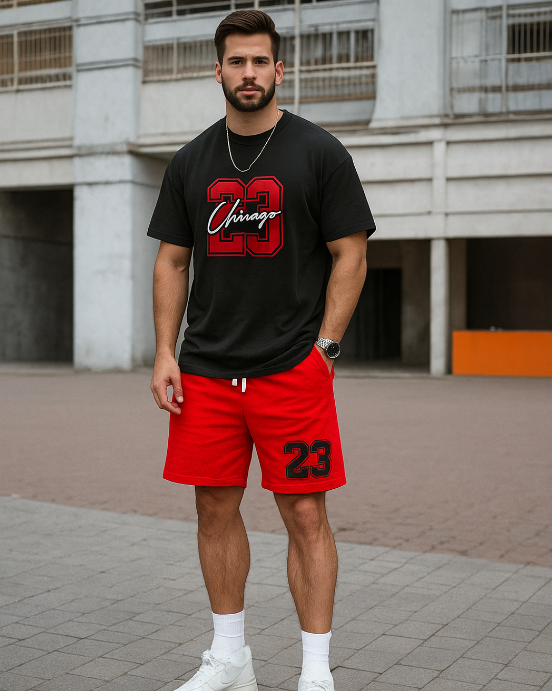 CONJUNTO CAMISETA + PANTALONETA NEGRA ROJA 23