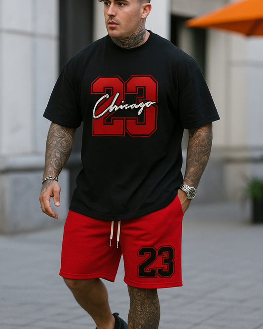 CONJUNTO CAMISETA + PANTALONETA NEGRA ROJA 23